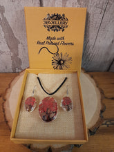 Load image into Gallery viewer, Tree of life glass pendant and earrings set with real pressed flowers