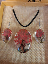 Load image into Gallery viewer, Tree of life glass pendant and earrings set with real pressed flowers