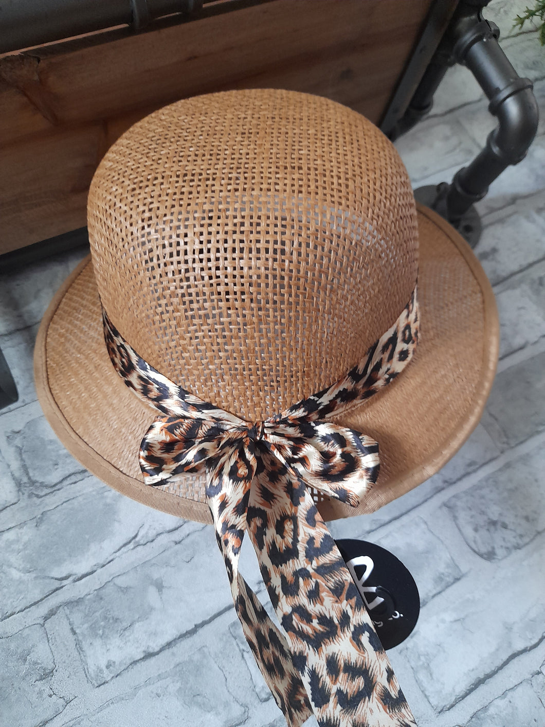 ladies sun hat -leopard print ribbon band