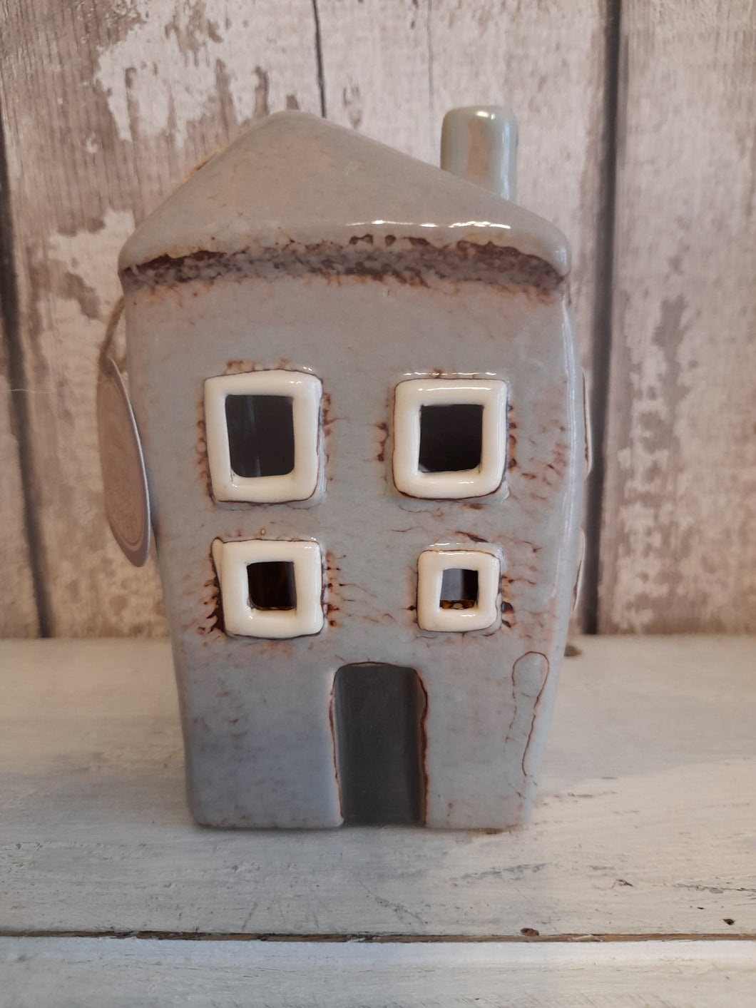 Village pottery tall house mini tealight holder - grey