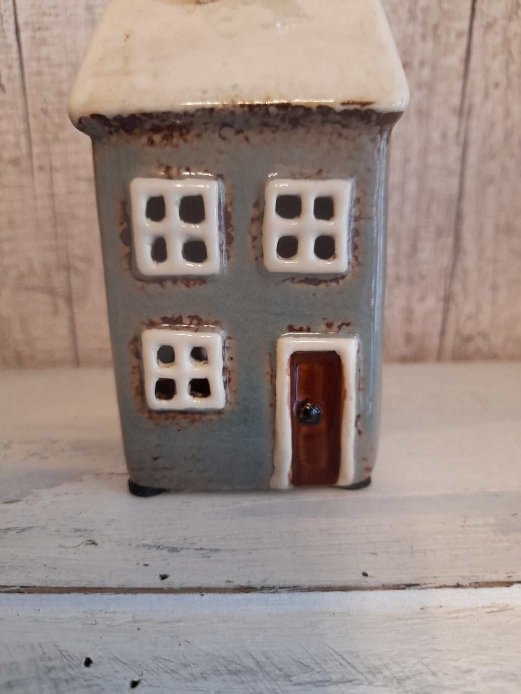 Village pottery mini house tealight holder  - aqua