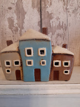 Load image into Gallery viewer, Village pottery 3 houses tea light holder -  beige blue and brown

