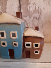 Load image into Gallery viewer, Village pottery 3 houses tea light holder -  beige blue and brown
