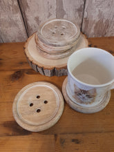 Load image into Gallery viewer, button shaped wooden coasters
