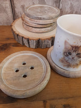 Load image into Gallery viewer, button shaped wooden coasters
