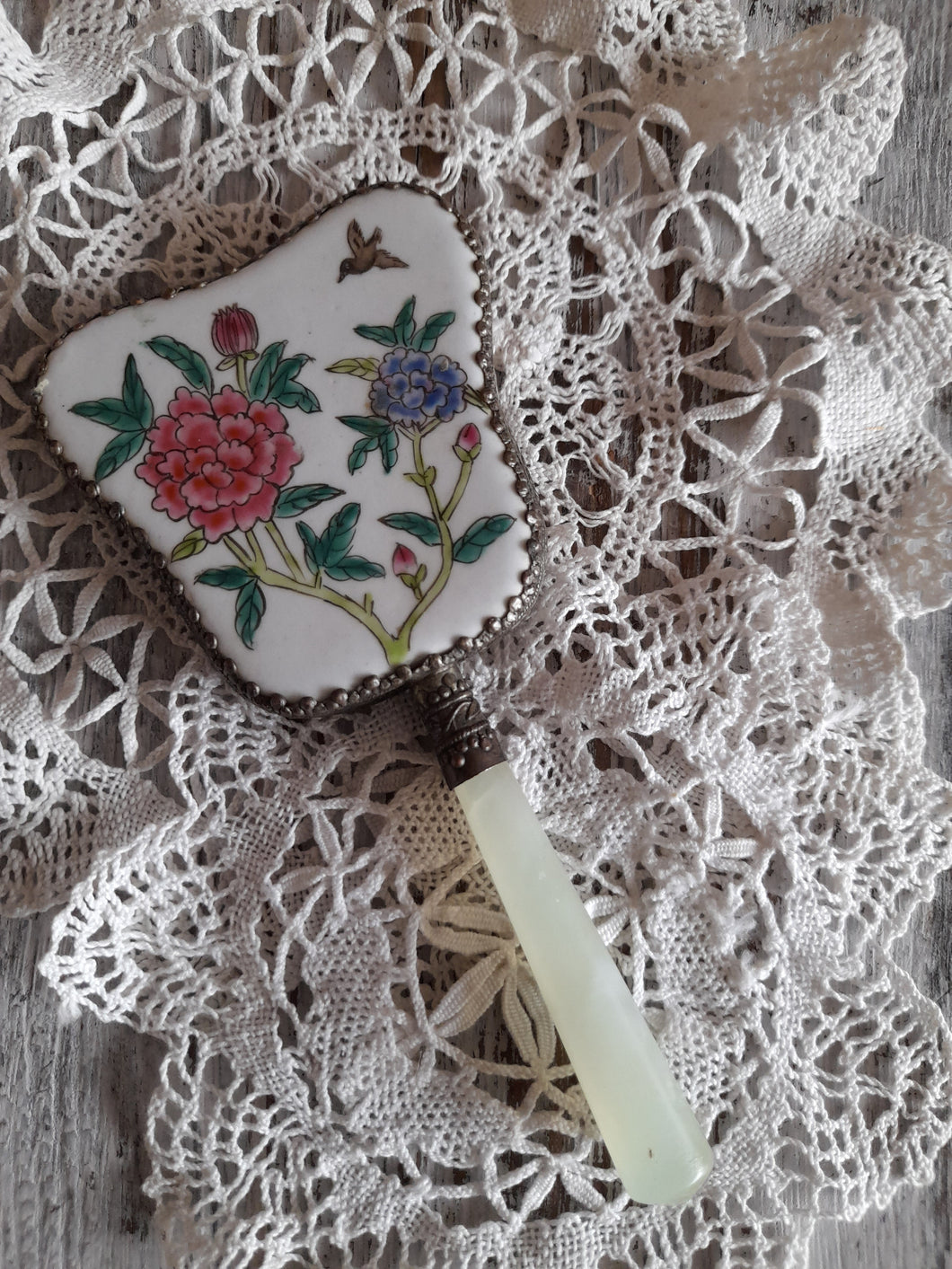 Vintage oriental porcelain hand painted small hand mirror