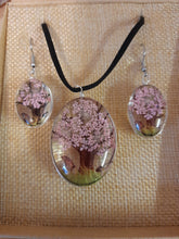 Load image into Gallery viewer, Tree of life glass pendant and earrings set with real pressed flowers
